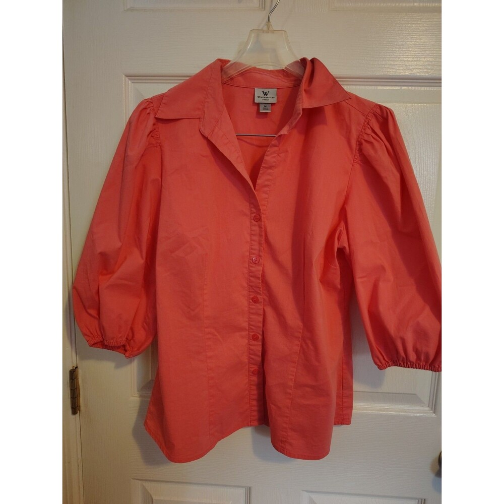 Worthington Womenâs Coral Solid Collared Button-Down 3/4 Sleeve Blouse M